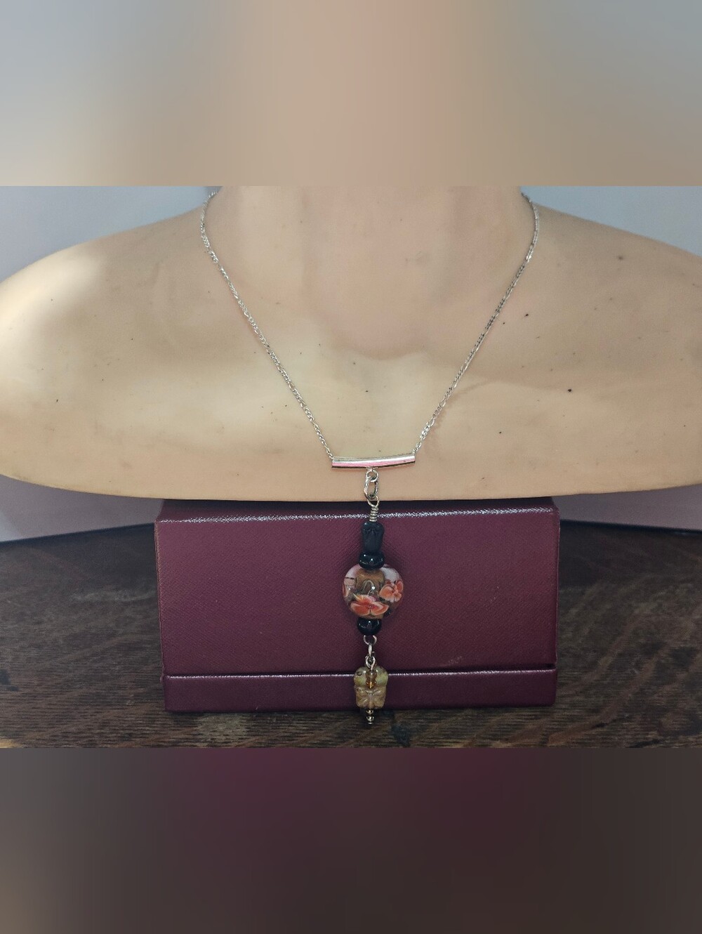 Vintage Sterling chain with Beautiful handmade Glass art Pendant